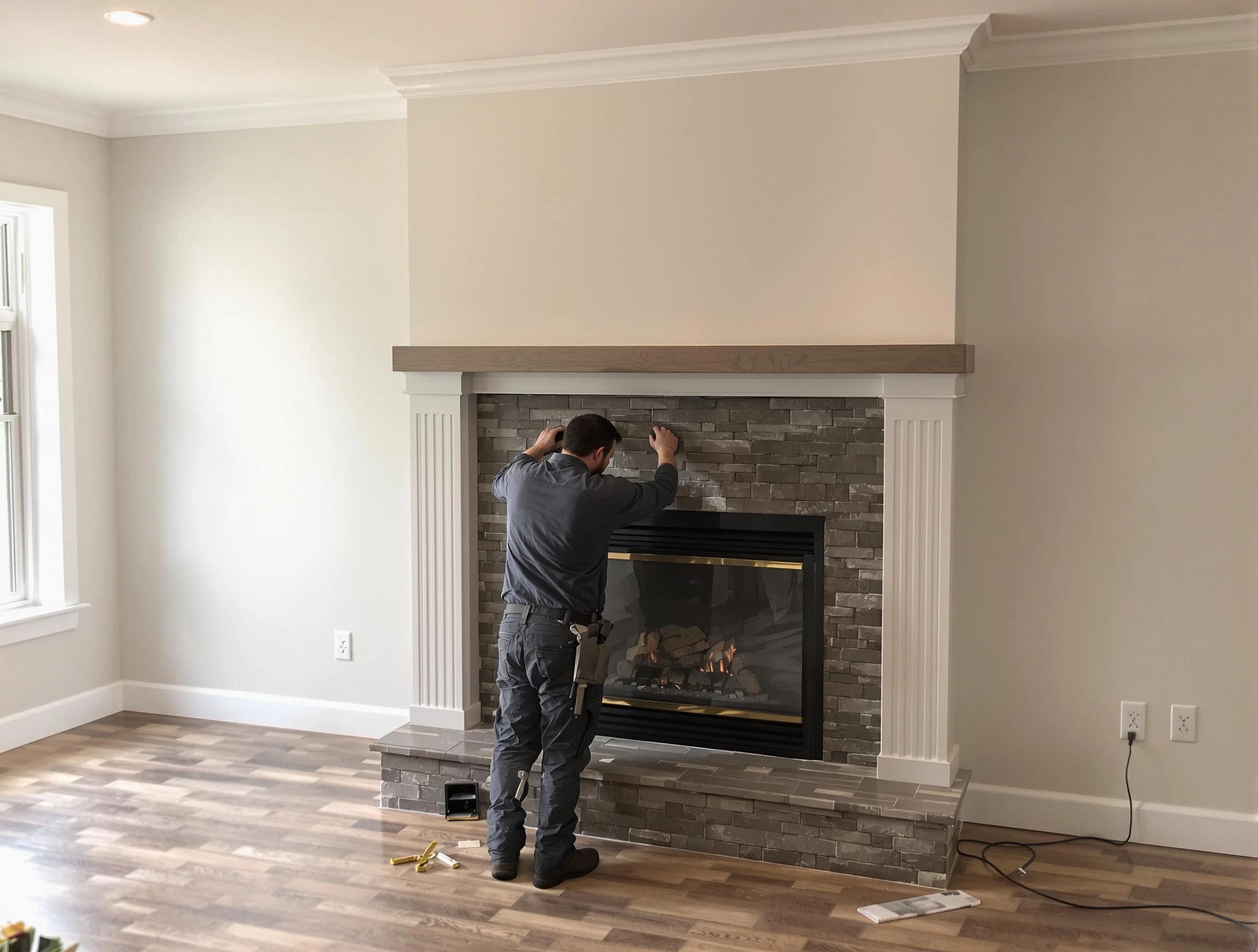 Fayetteville Chimney Sweep finishing a custom fireplace install in Fayetteville, GA