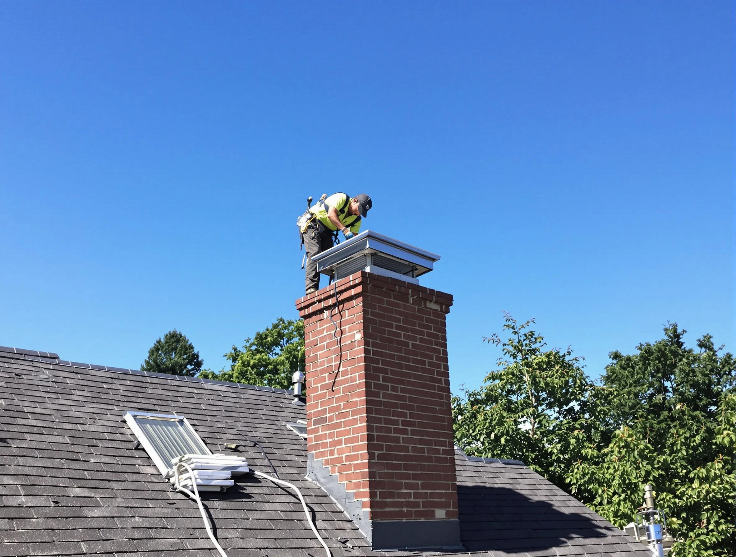 Fayetteville Chimney Sweep technician measuring a chimney cap in Fayetteville, GA